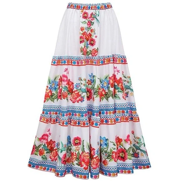 Boho Blanca resort onepiece swimsuit & maxi cover-up skirt white red blue floral - Picture 7 of 16
